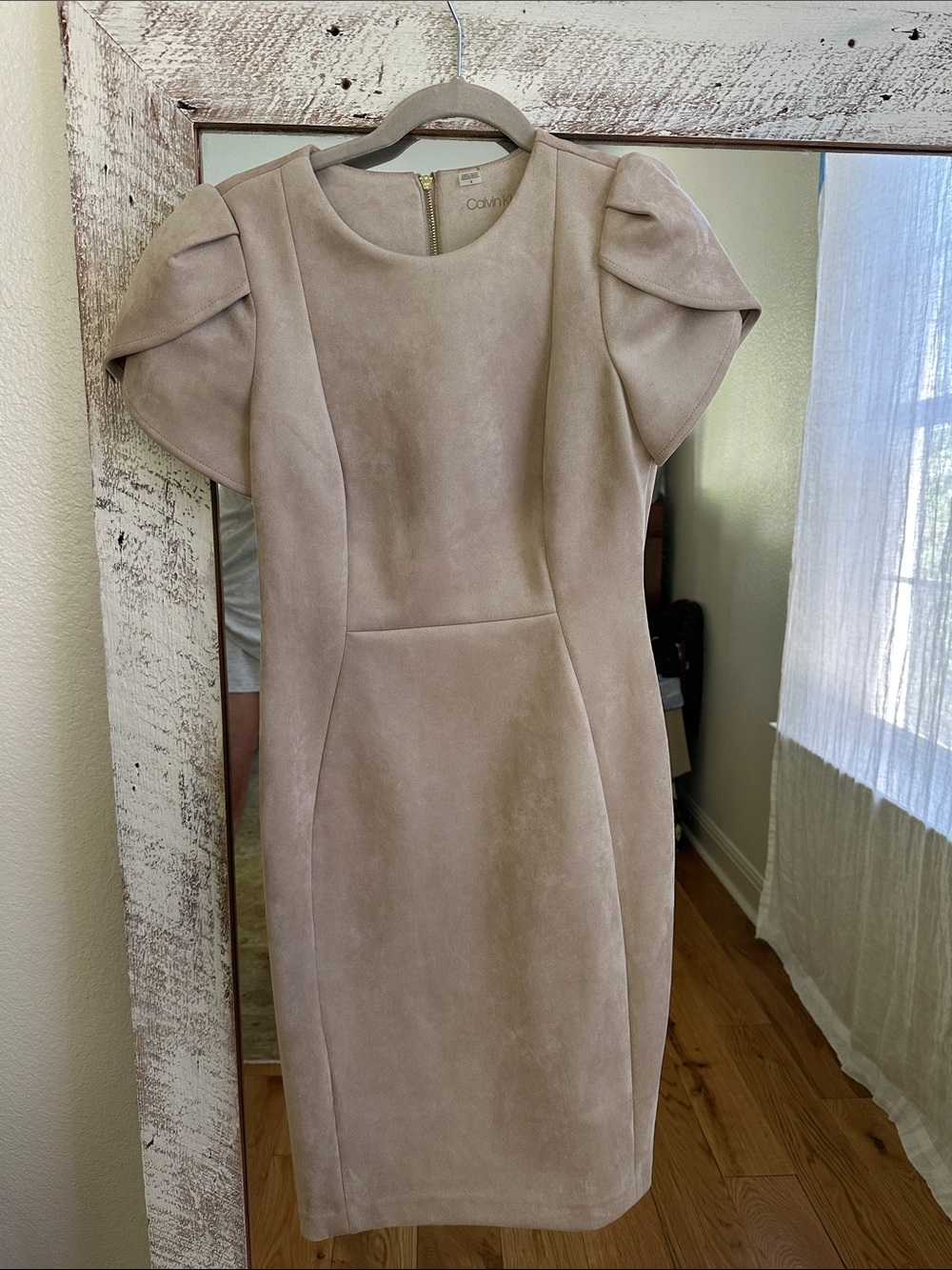 Calvin Klein Taupe Midi Dress with Sculpted Puff Sleeves suede like material
